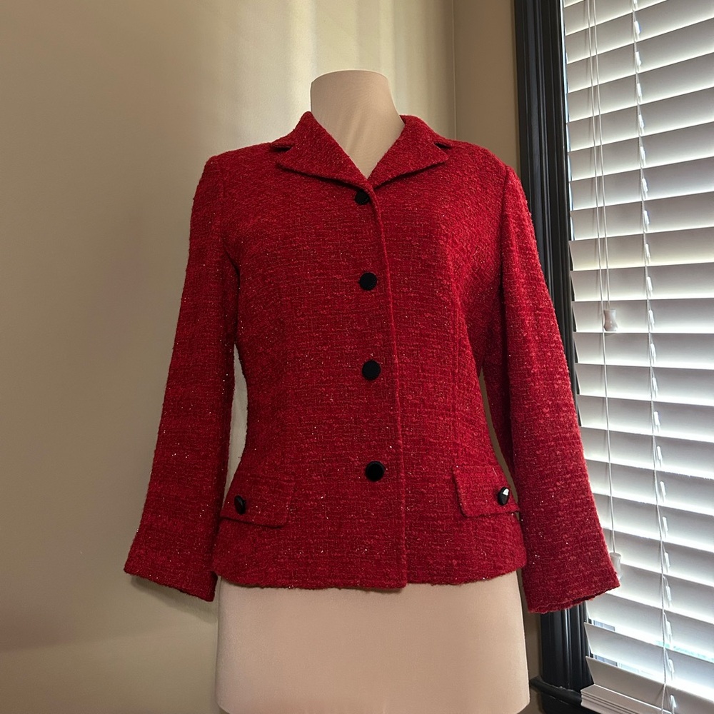 Rickie Freeman for Teri Jon Red Textured Tweed Boucle Blazer